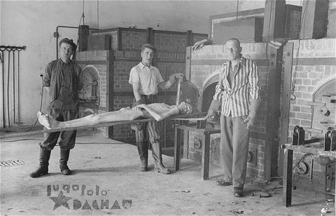 Survivors of the Dachau concentration camp demonstrate the operation of the crematorium by pushing a corpse into one of the ovens